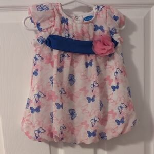 Bon Bebe Pink and Blue Butterfly Bubble Dress with Floral Waist Accent